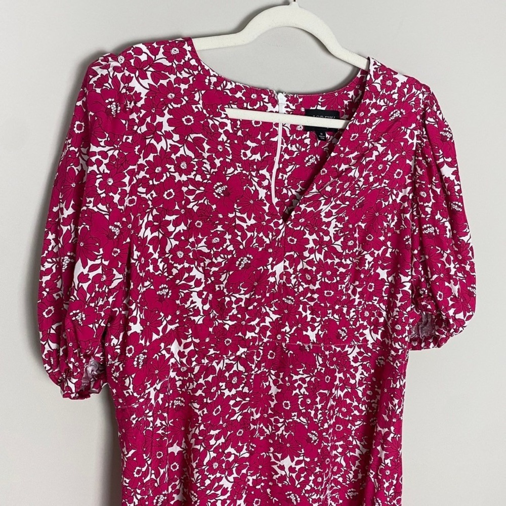 J. Crew Collection Midi Dress Drapey Floral Pink Puff Sleeve V Neck Size 16 - Picture 4 of 8
